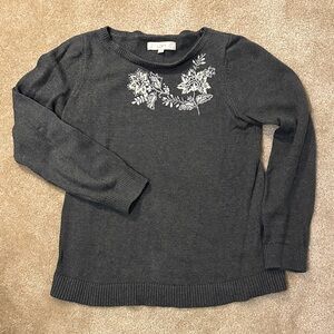 LOFT Charcoal Sweater with Floral Embroidery
